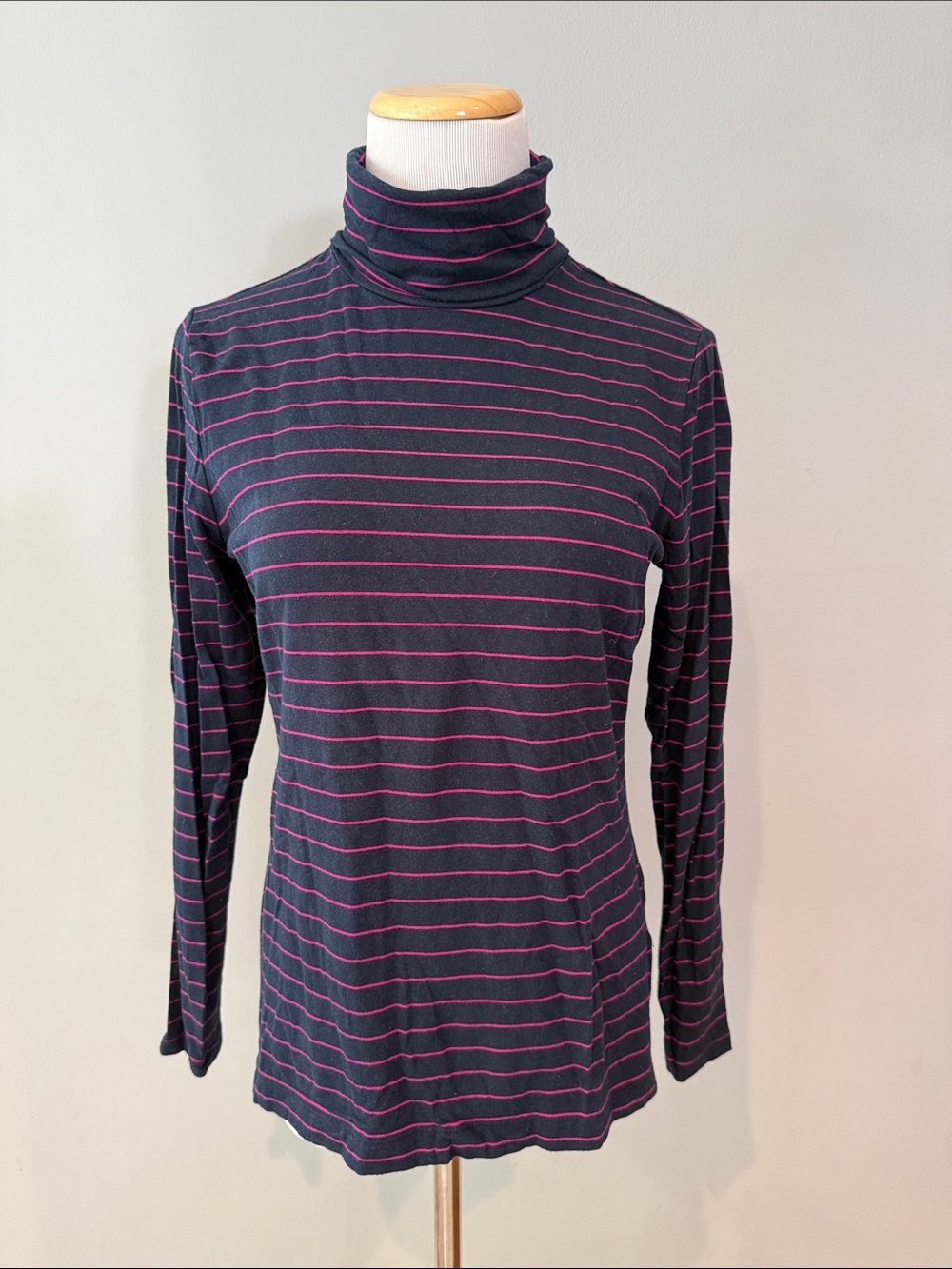 Lands' End Navy Turtleneck Long Sleeve Top with Pink Stripes